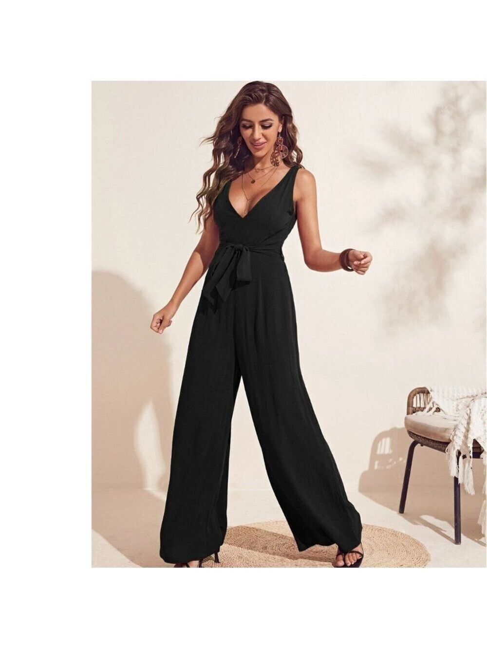 SHEIN Black Deep V Neck Backless Jumpsuit XL